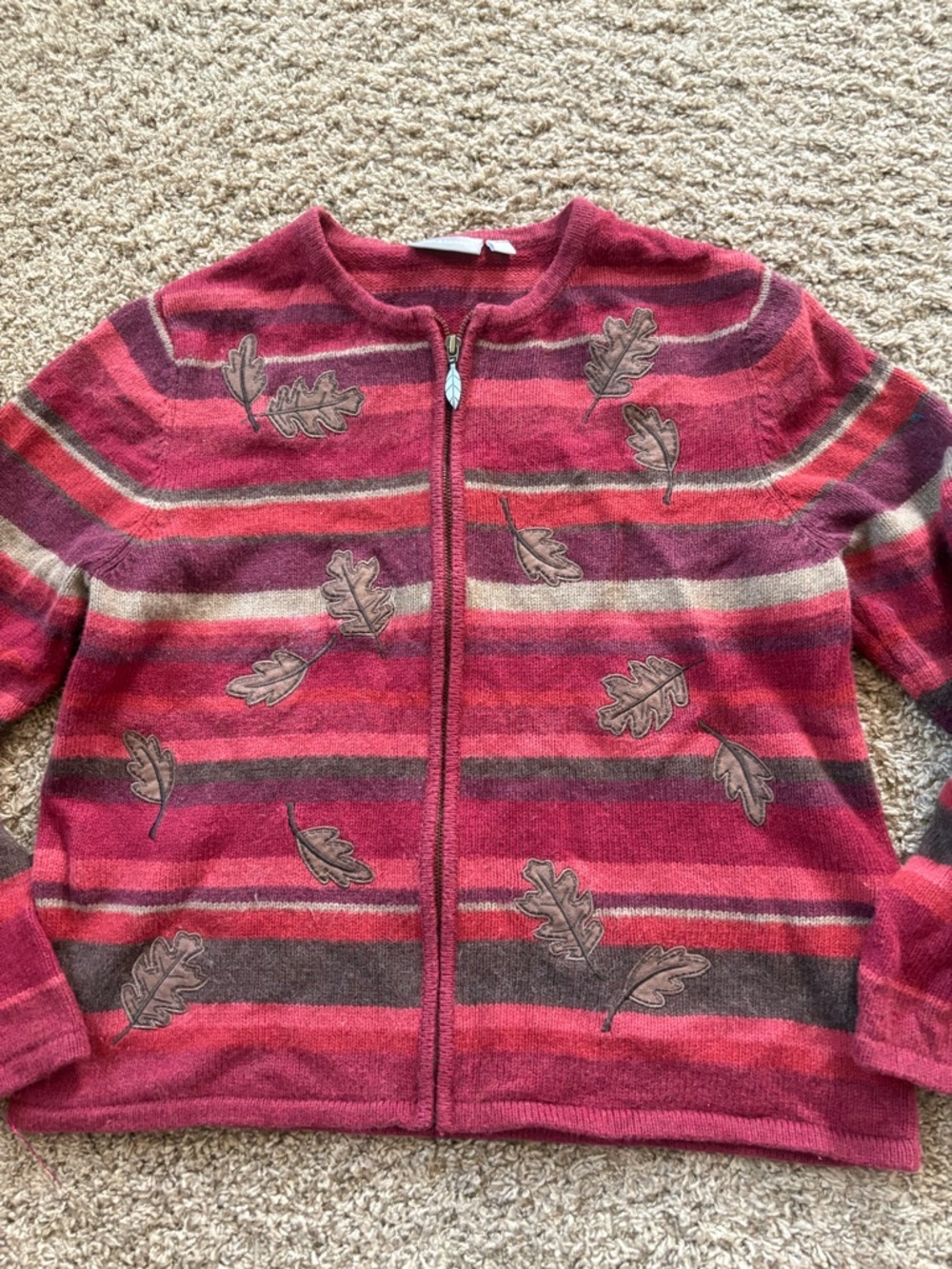 Women’s Cardigan Red Striped Zip-Front Jacket with Leaf Appliqués Medium Fall